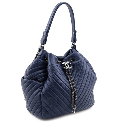 Chanel Blue Quilted Deerskin Chevron Medium Chain Bucket Bag