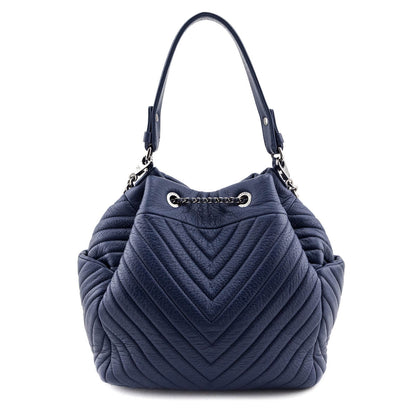 Chanel Blue Quilted Deerskin Chevron Medium Chain Bucket Bag