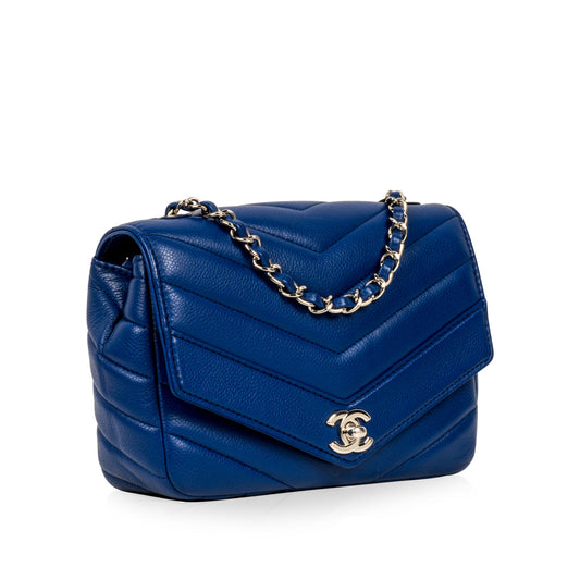 Chanel Blue Chevron Single Flap Bag