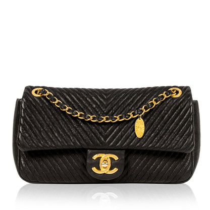 Chanel Chevron Single Flap Bag - Black - Ghw