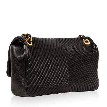 Chanel Chevron Single Flap Bag - Black - Ghw