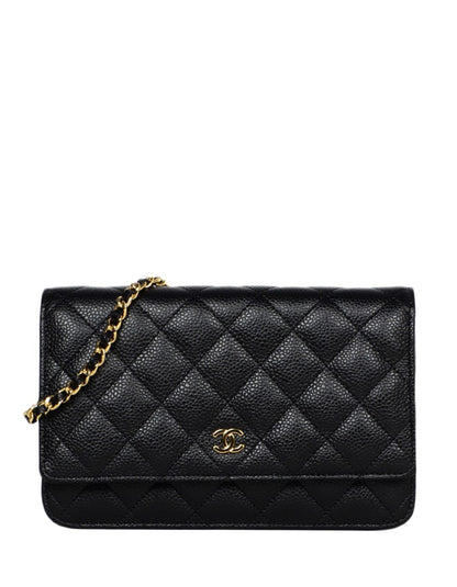 Chanel Black Caviar Leather Quilted Wallet On Chain WOC Crossbody Bag