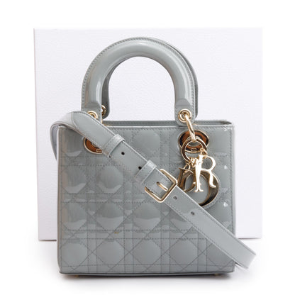 Christian Dior 2020 Grey Patent Cannage Leather Small Lady Dior Bag
