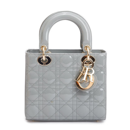 Christian Dior 2020 Grey Patent Cannage Leather Small Lady Dior Bag