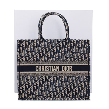 Christian Dior 2021 Ecru and Blue Dior Oblique Embroidery Large Book Tote