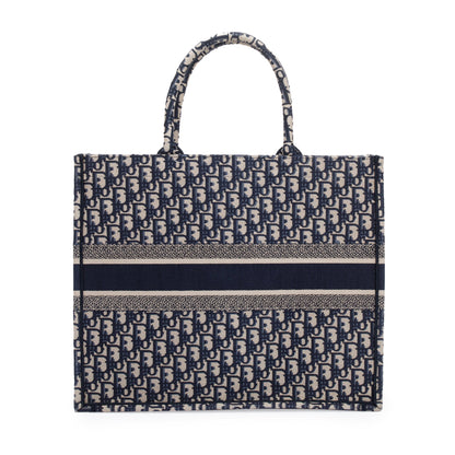 Christian Dior 2021 Ecru and Blue Dior Oblique Embroidery Large Book Tote