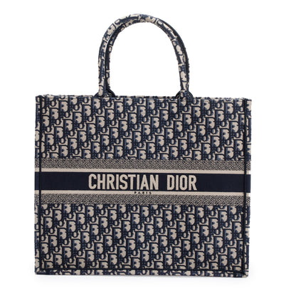Christian Dior 2021 Ecru and Blue Dior Oblique Embroidery Large Book Tote