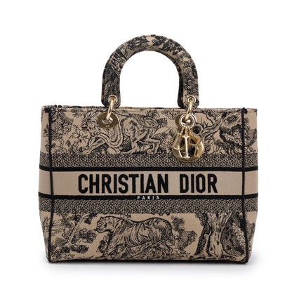 Christian Dior 2022 Beige & Black Toile De Jouy Soleil Embroidery Medium Lady D-Lite Bag