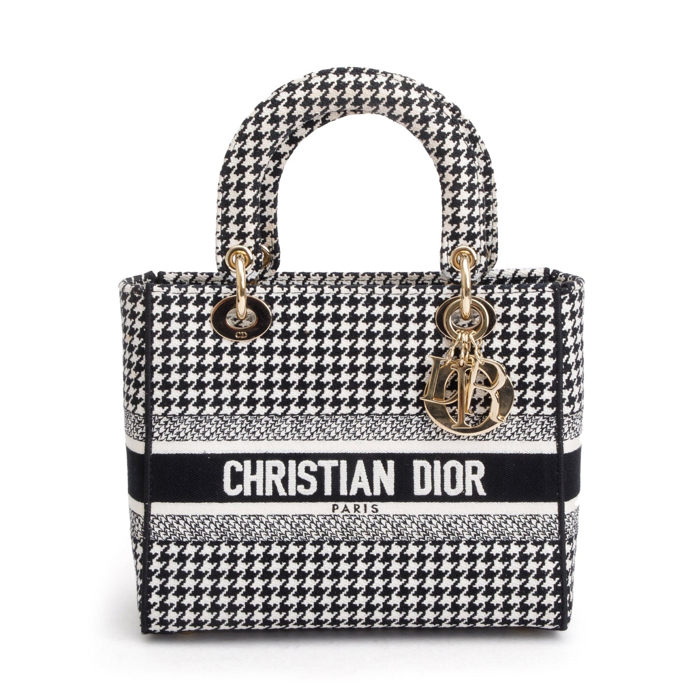Christian Dior 2022 Black/White Houndstooth Embroidered Medium Lady D-Lite Bag