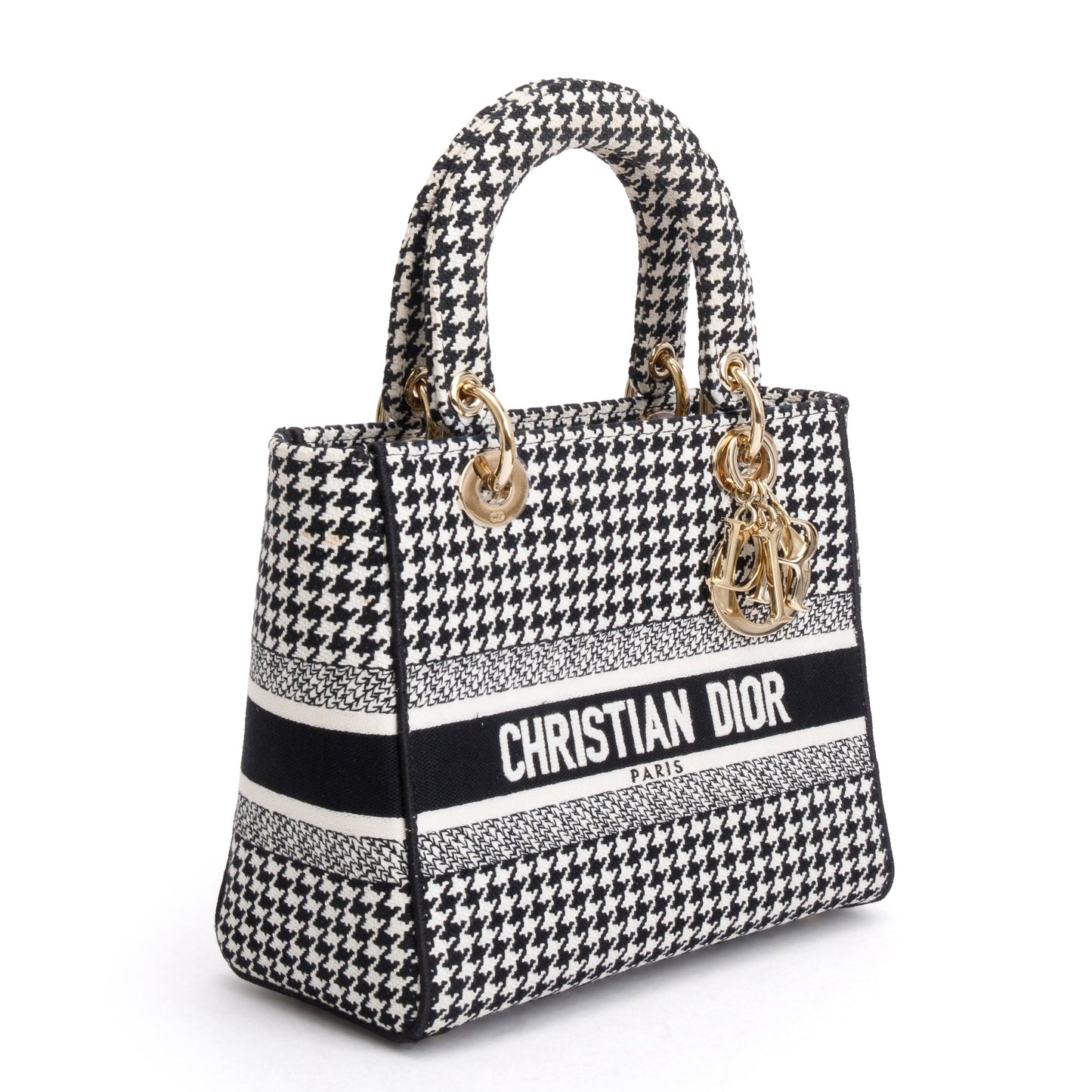 Christian Dior 2022 Black/White Houndstooth Embroidered Medium Lady D-Lite Bag