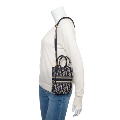 Christian Dior 2022 Blue Oblique Embroidery Mini Vertical Book Tote