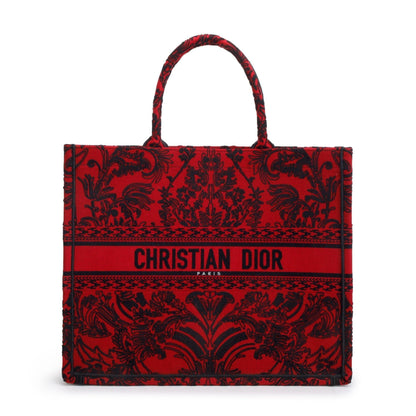 Christian Dior 2022 Large Red and Black Toile de Jouy Embroidery Canvas Book Tote