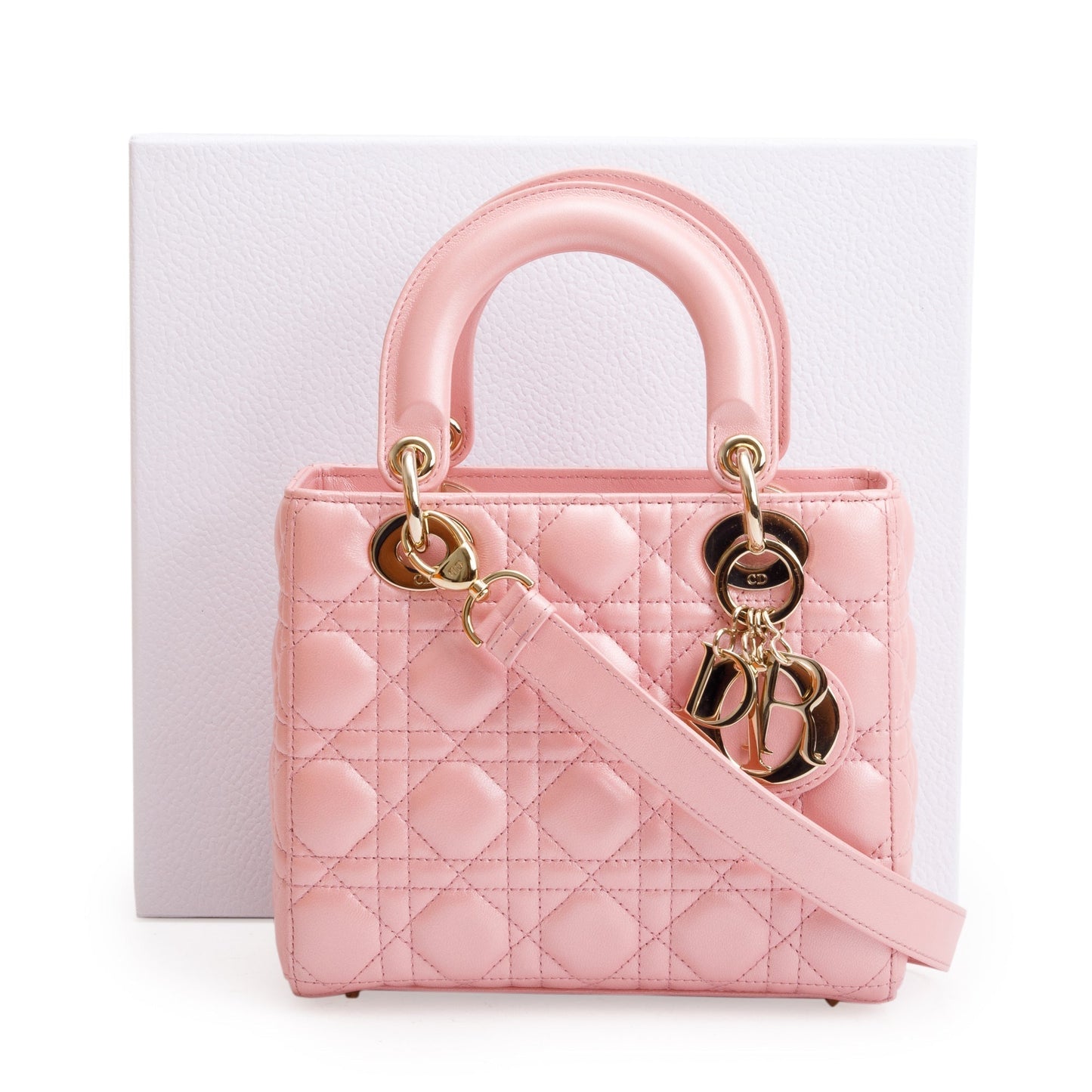 Christian Dior 2023 Pink Metallic Cannage Lambskin Leather Small Lady Dior Bag