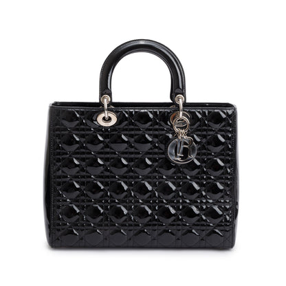 Christian Dior Black Cannage Patent Leather Large Lady Dior Bag