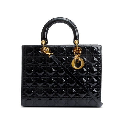 Christian Dior Black Cannage Patent Leather Large Lady Dior Bag