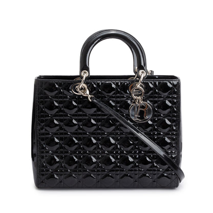 Christian Dior Black Cannage Patent Leather Large Lady Dior Bag
