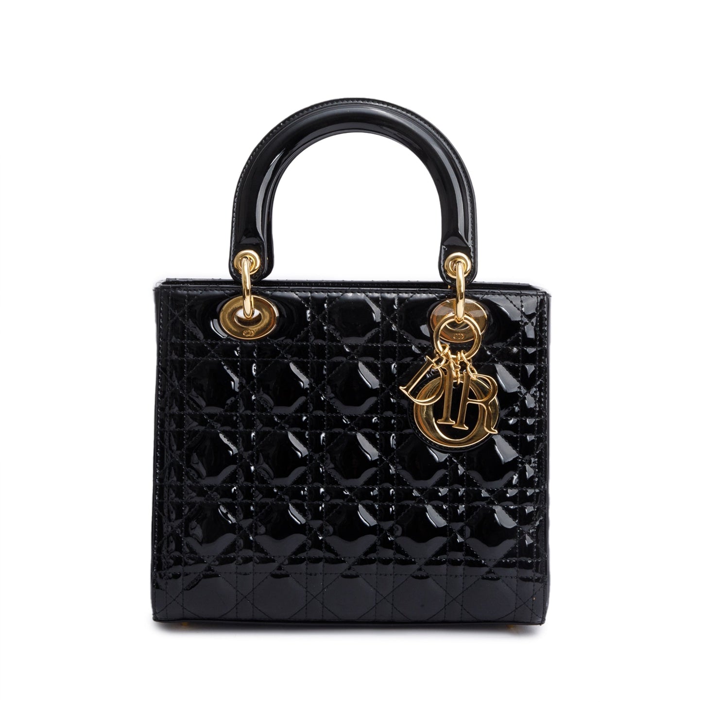 Christian Dior Black Cannage Patent Leather Medium Lady Dior Bag
