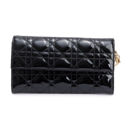 Christian Dior Black Cannage Patent Leather Rendezvous Wallet on Chain