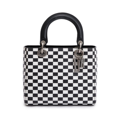 Christian Dior Black & White Check Print Leather Medium Lady Dior Bag