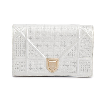 Christian Dior Metallic White Microcannage Patent Leather Diorama Wallet on Chain