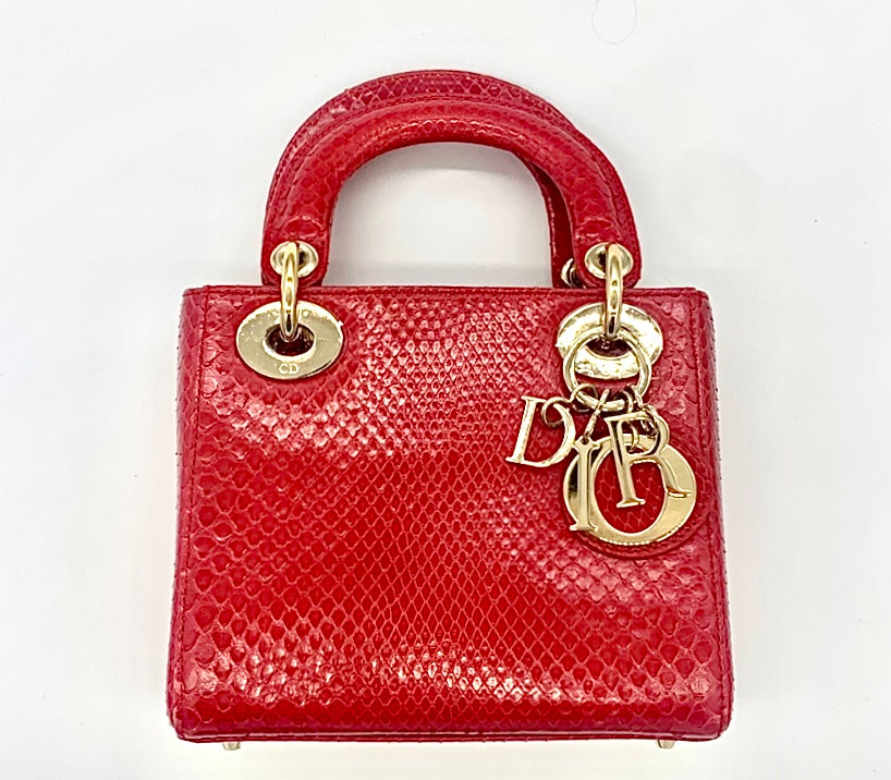 CHRISTIAN DIOR LADY DIOR MINI RED PYTHON BAG