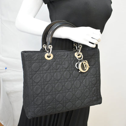 CHRISTIAN DIOR Lady Dior Nylon Cannage Canvas Tote Bag Black