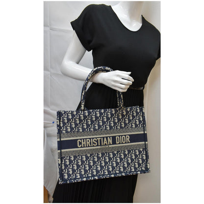 CHRISTIAN DIOR Book Medium Oblique Embroidery Tote Bag Blue