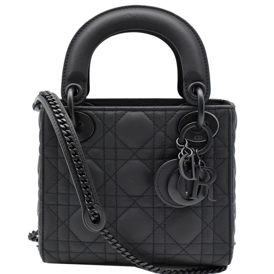 CHRISTIAN DIOR Mini Lady Dior Cannage Calfskin Leather Shoulder Bag Matte Black