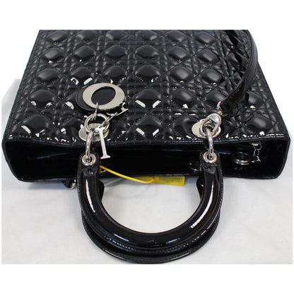 CHRISTIAN DIOR Lady Dior Large Quilted Patent Leather Shoulder Bag Black
