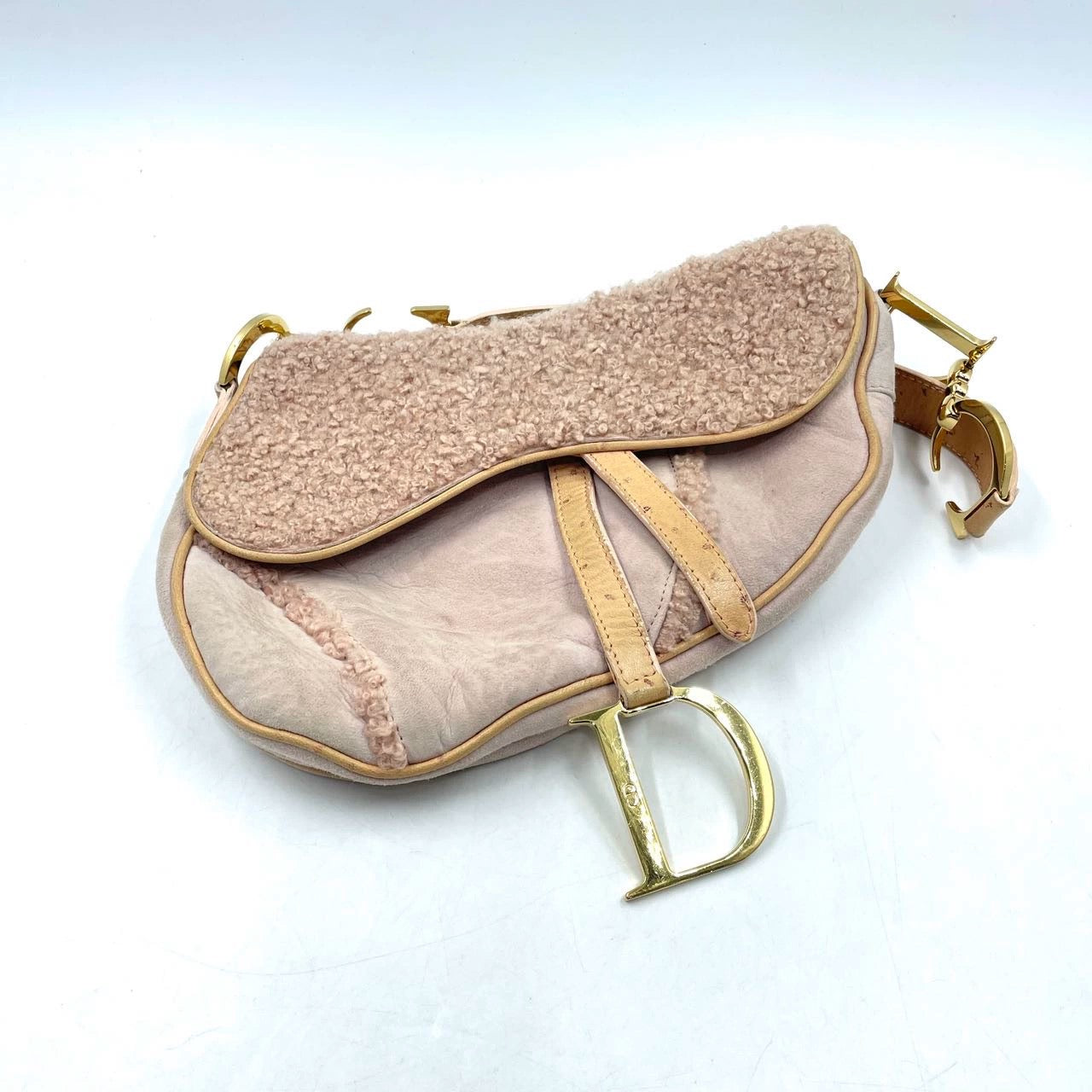 Dior Saddle Shoulder Bag Medium Shearling and Ostrich Leather Pink