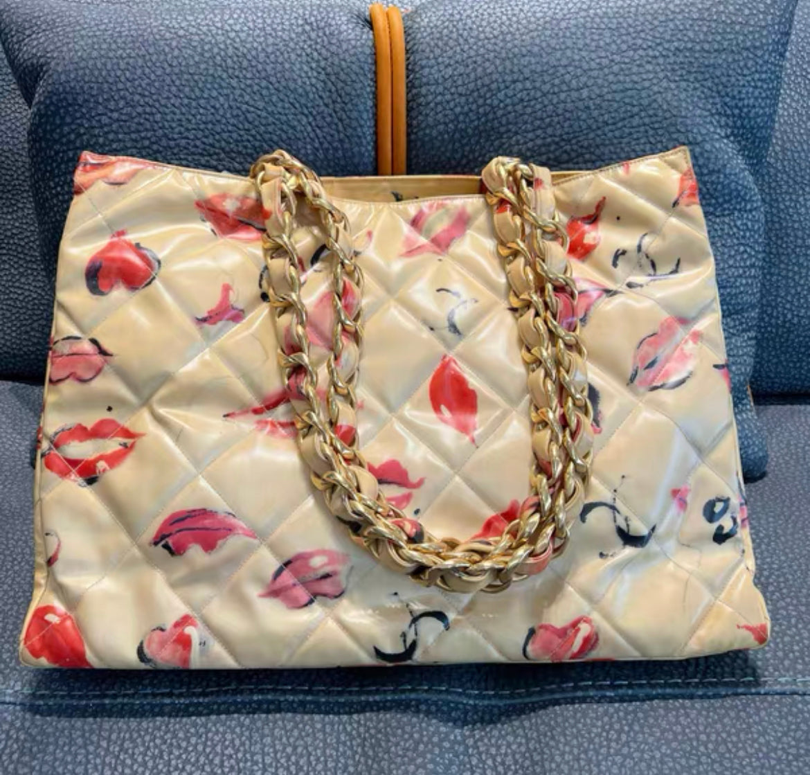 Chanel Coated Canvas Quilted Lips And Kisses Graffiti Xl Tote Beige