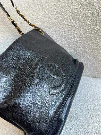 Chanel Vintage Black Caviar Chain Tote with Gold Hardware