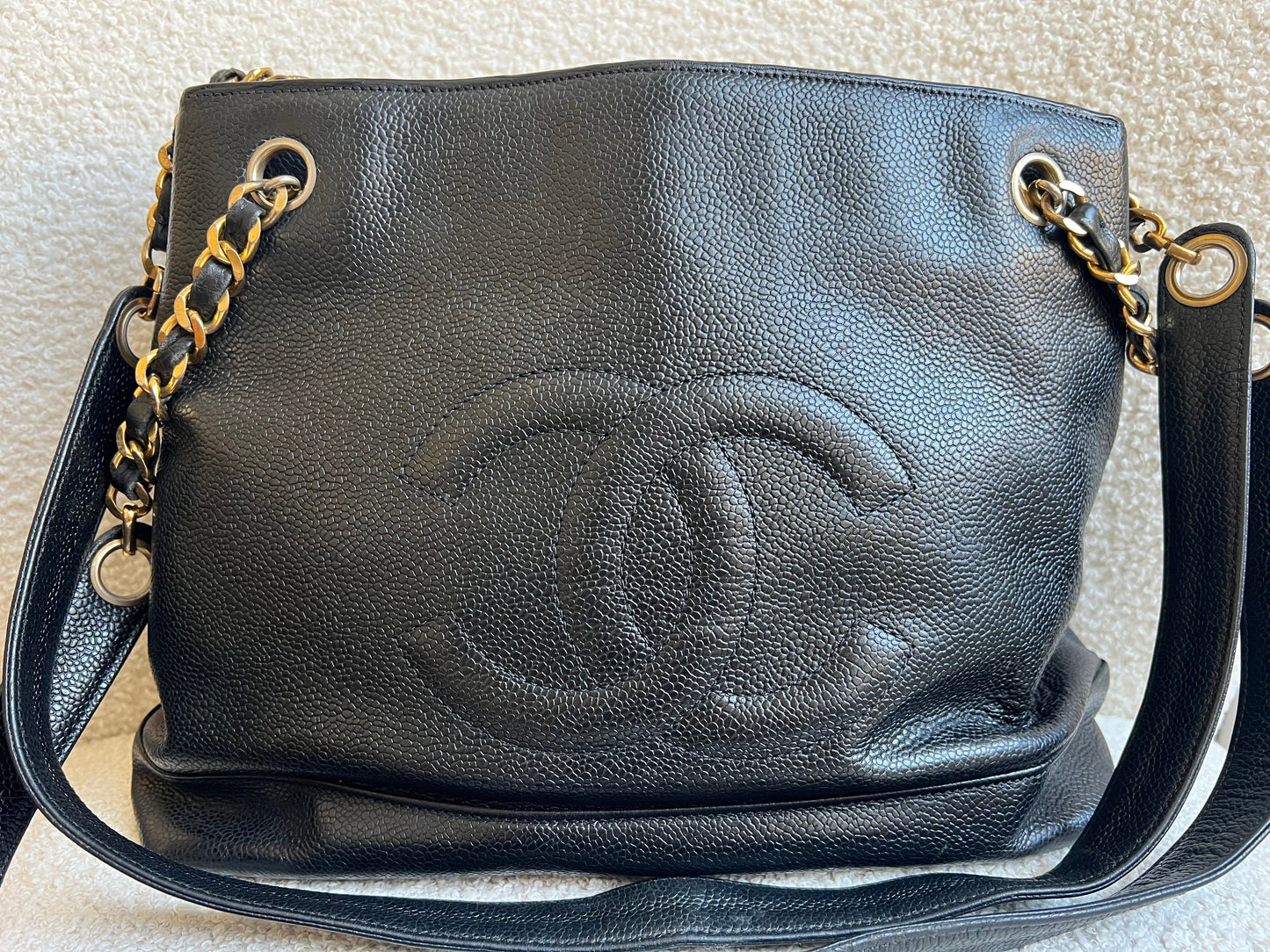 Chanel Vintage Black Caviar Chain Tote with Gold Hardware