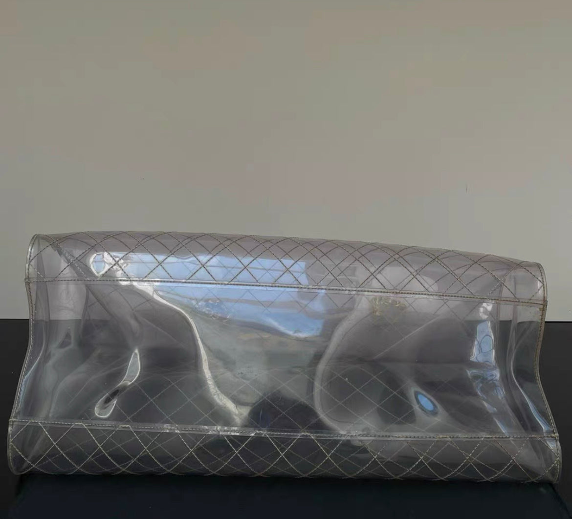Chanel Rare 1990S Xxxl Oversized See Through Naked Gold Accent Pvc Tote