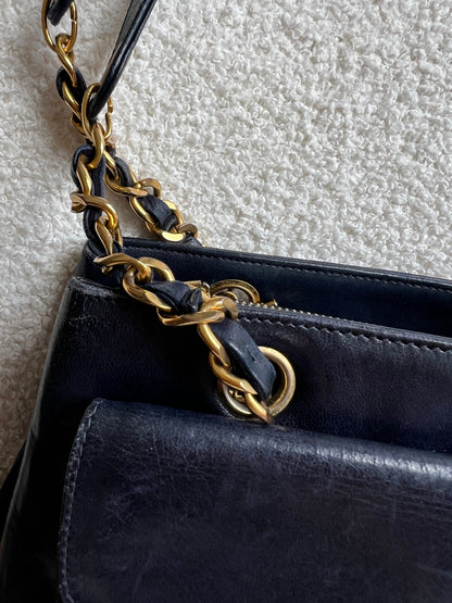 Chanel Vintage Navy Lambskin Chain Tote with 24k Gold Hardware