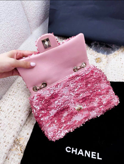 Chanel 23S Small Flap Bag Sequins Pink Gold Tone Metal