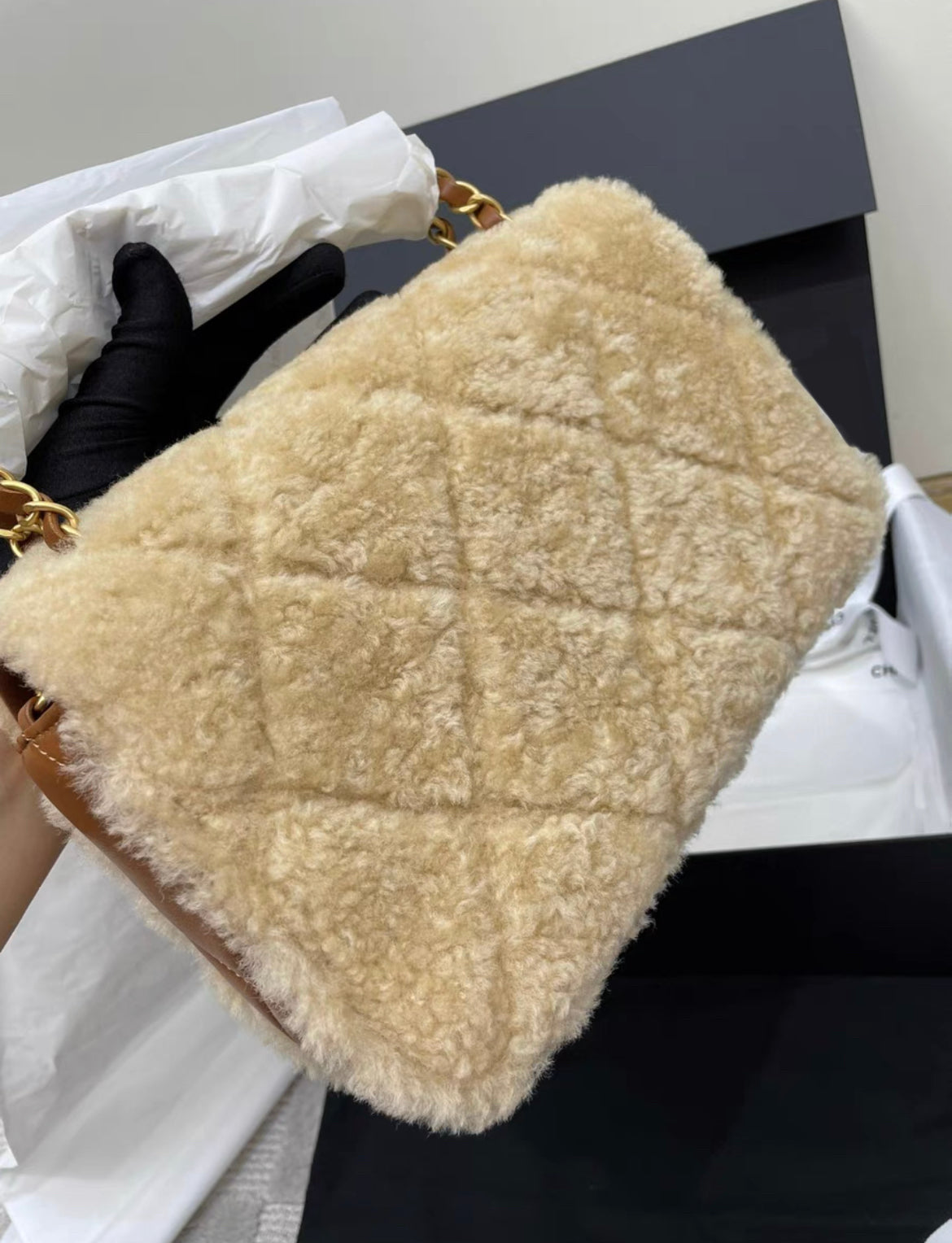 Chanel 24 Flap Bag Shearling Lambskin Gold-Tone Metal Beige Brown