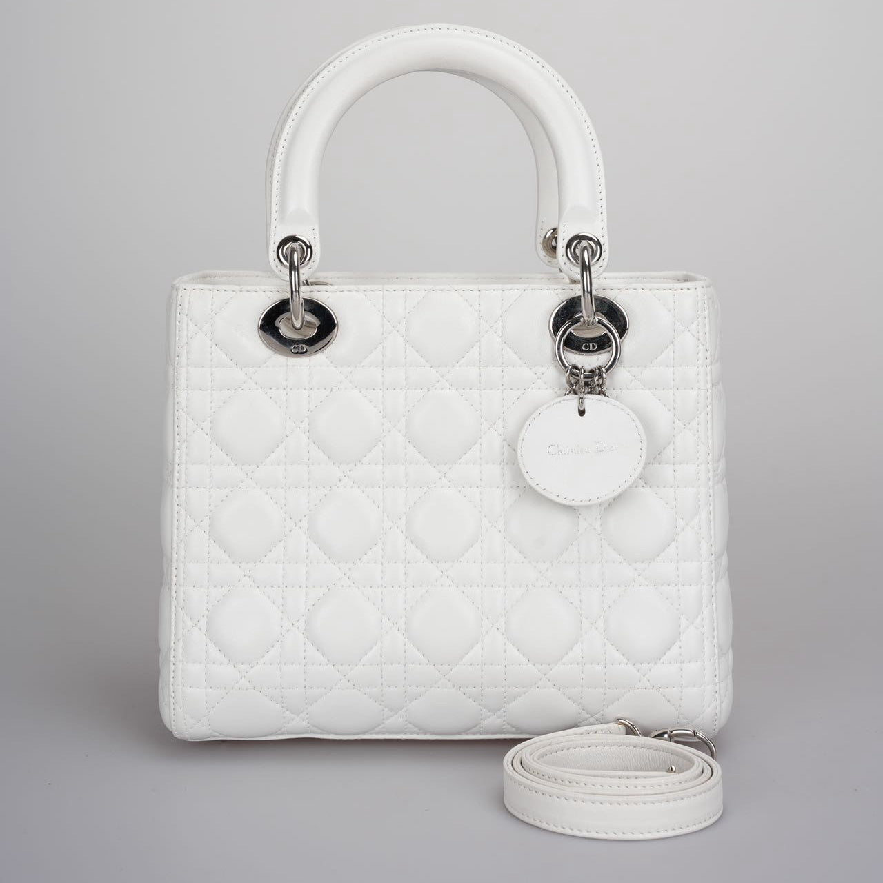 Christian Dior White Medium Lady Dior Bag In Cannage Lambskin Leather With Silver Hardware