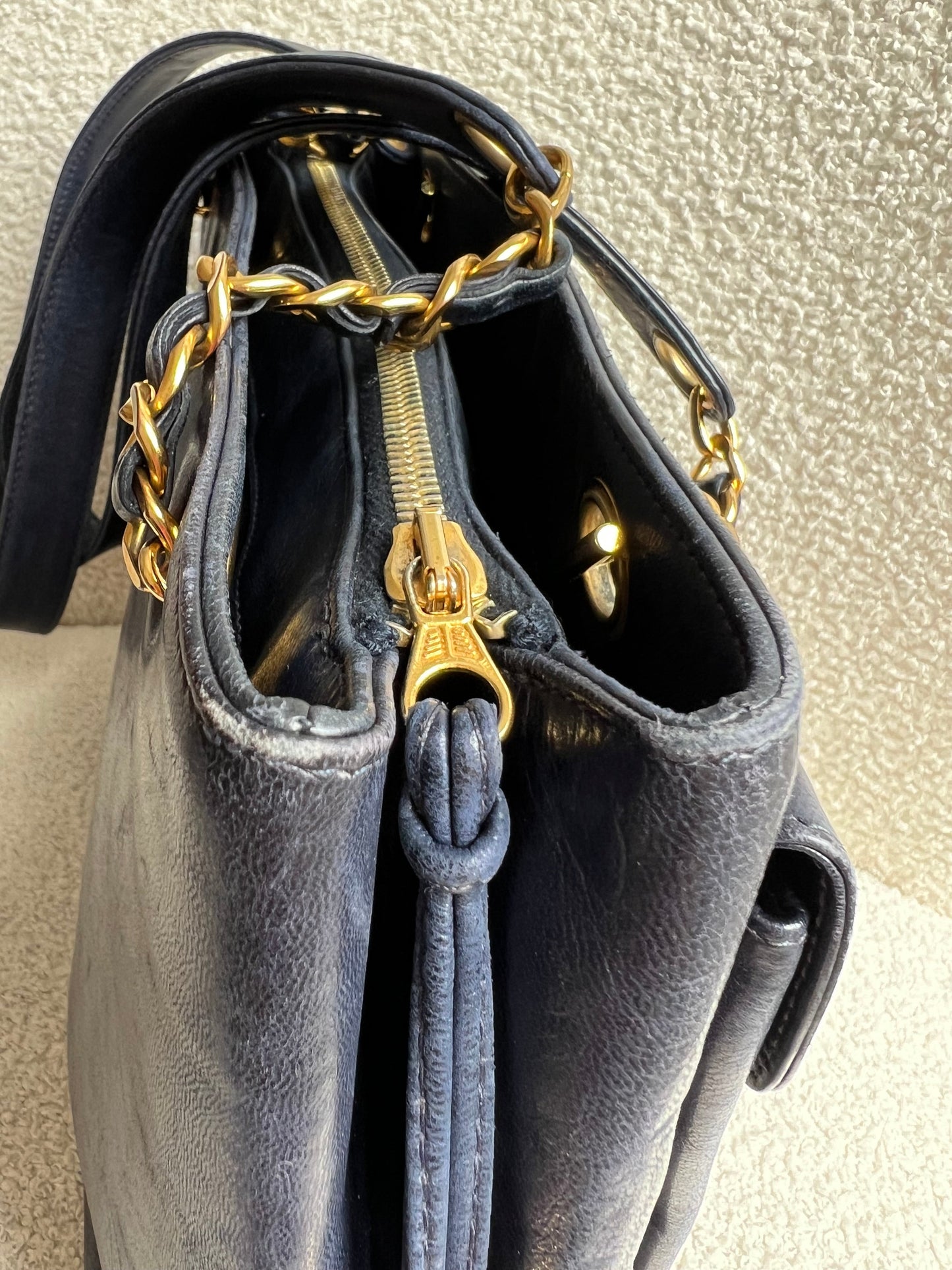 Chanel Vintage Navy Lambskin Chain Tote with 24k Gold Hardware