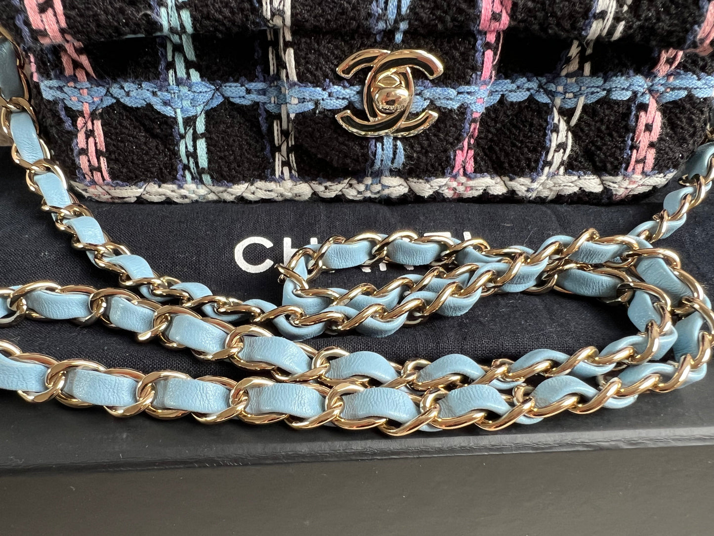 Chanel Classic Quilted Rectangular Mini Flap Bag in Multi Coloured Boucle Tweed and Champagne Gold Hardware (RRP £4390)