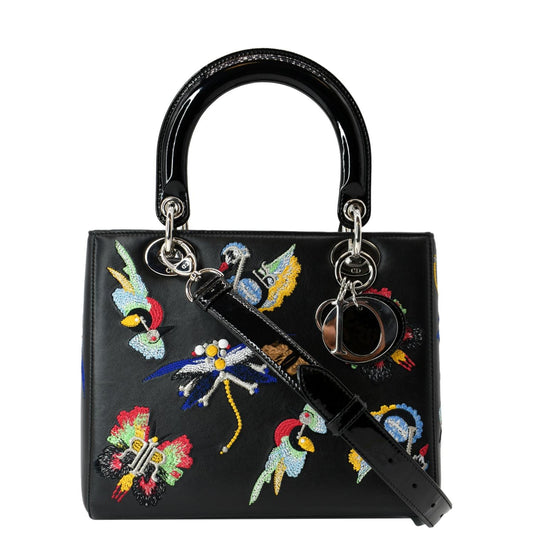 CHRISTIAN DIOR Lady Dior Embroidered Calfskin Shoulder Bag Black