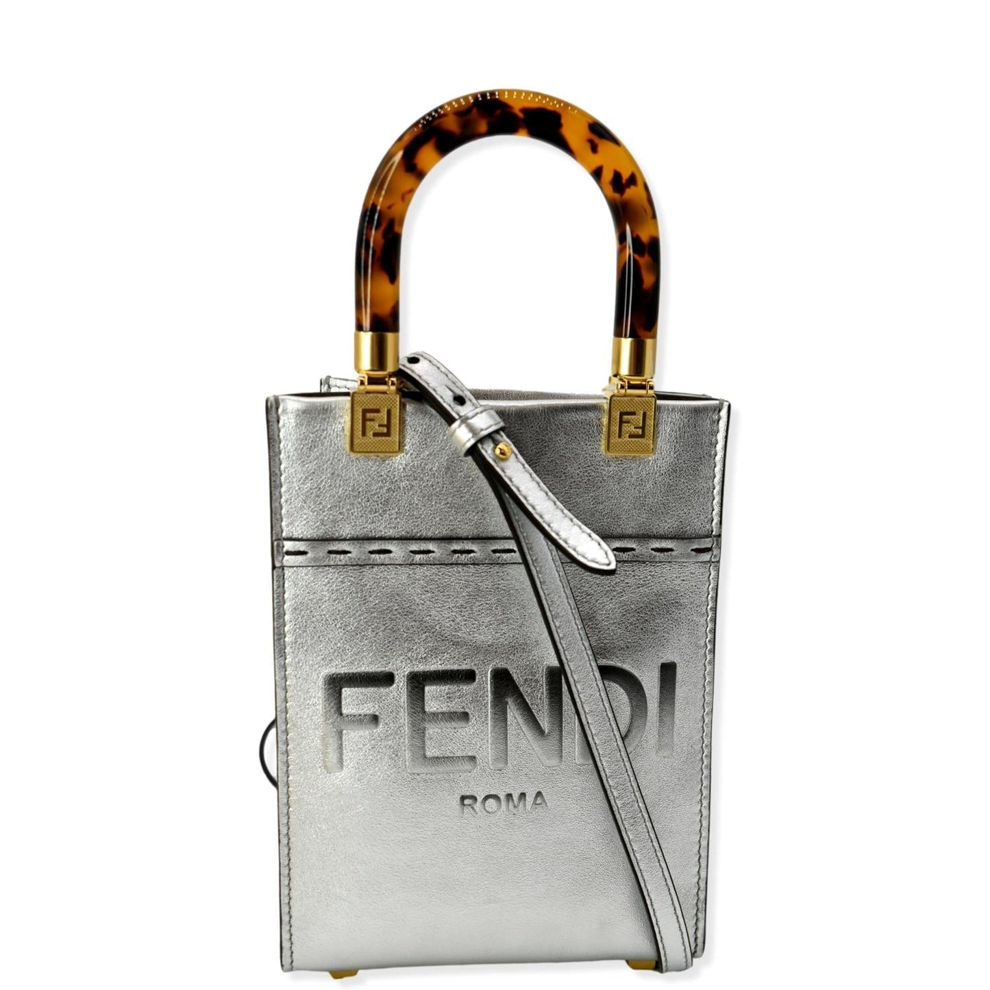 Fendi Sunshine Leather Silver Tote Bag