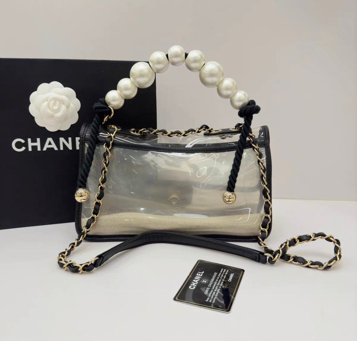 Chanel Lambskin Pvc Sand By The Sea Flap Bag With Pearl Strap
