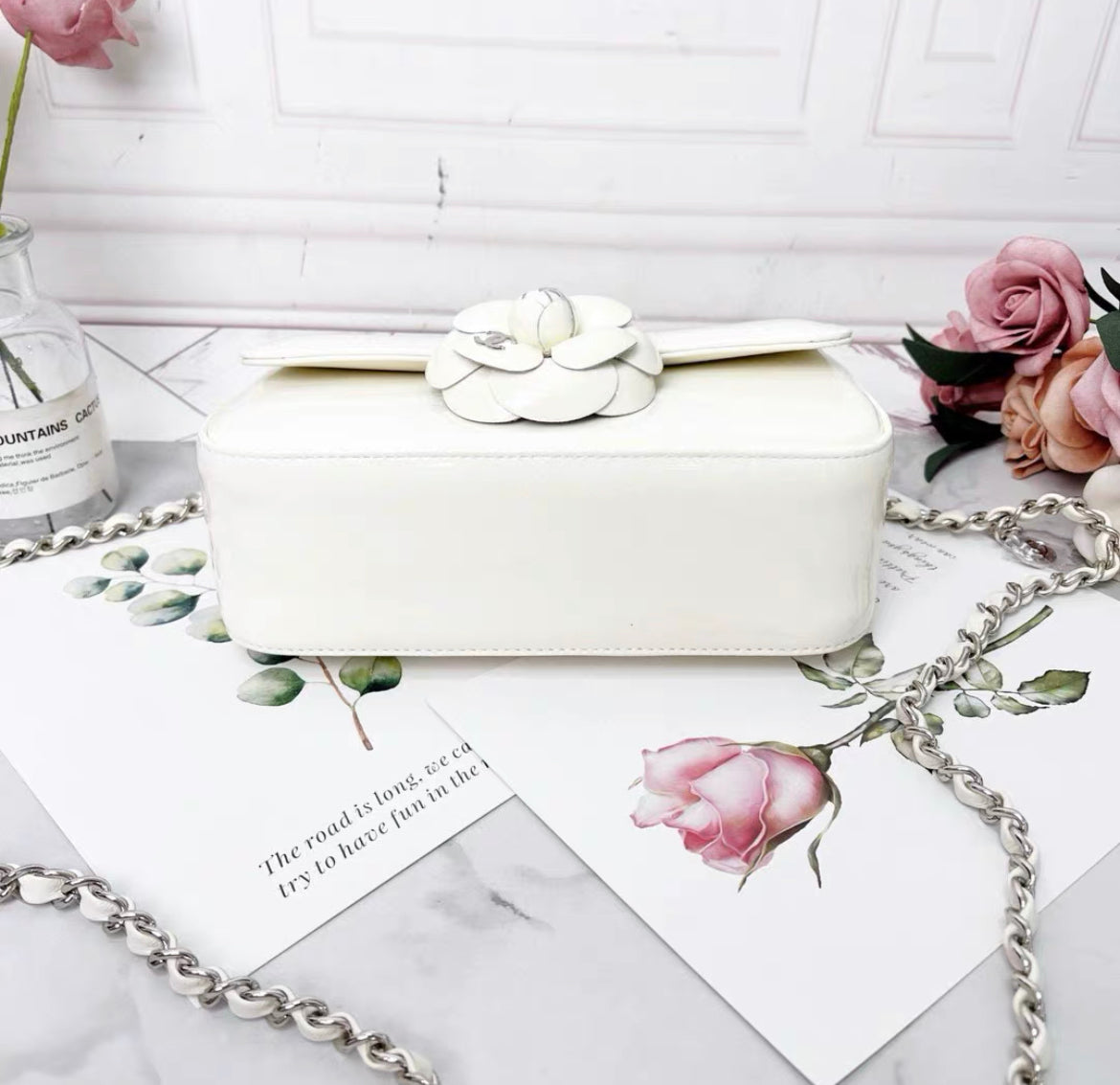 Chanel 23K White Patent Leather Camellia Large Mini Shoulder Bag
