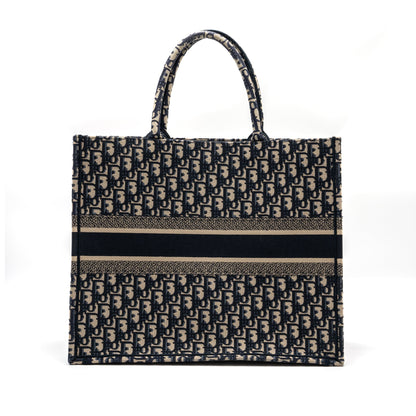 large book tote ecru and blue Dior oblique embroidery