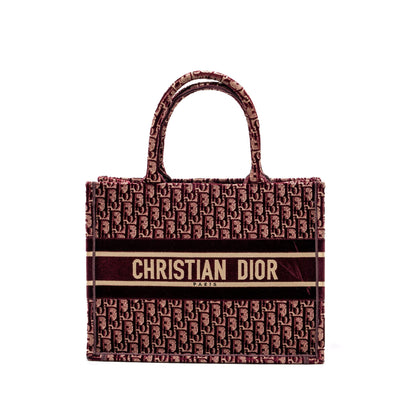Dior Medium Book Tote Oblique Embroidery Velvet/ Canvas Dark Red