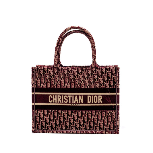 Dior Medium Book Tote Oblique Embroidery Velvet/ Canvas Dark Red