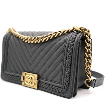 Chanel Black Quilted Leather and Twisted Leather Trim Old Medium Boy Flap Bag
