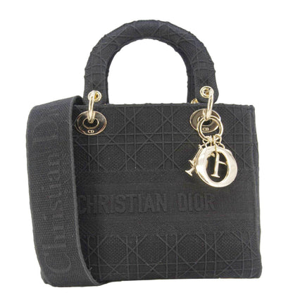 Christian Dior Lady Dior D-Lite Embroidered Canvas Shoulder Bag Black
