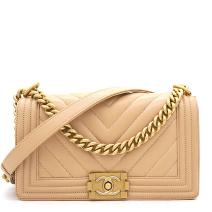 Chanel Beige Chevron Leather Medium Boy Flap Bag